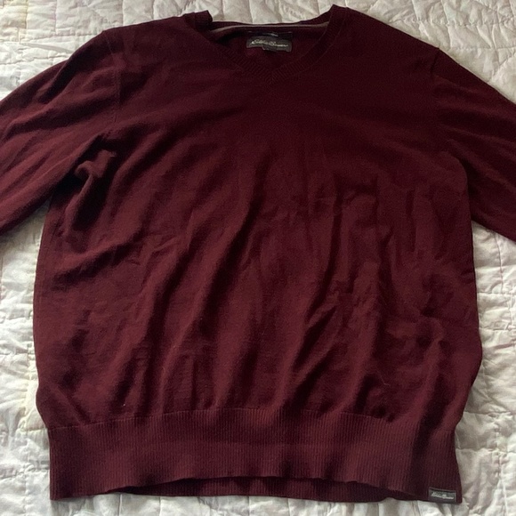 Mens Eddie Bauer V-Neck Burgundy Sweater Cotton/Merino Size Large LXL - Picture 1 of 5